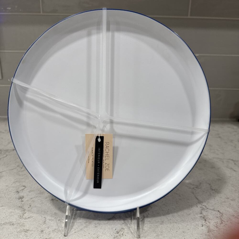 Set 4 Matte WHITE w/ BLUE RAISED RIM 11” MELAMINE Dinner Plates Rachel Zoe NEW